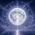 Ein leuchtender Mond steht vor einem Sternenhimmel mit Tierkreiszeichen und einem hellen Herzsymbol in der Mitte.