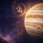 Jupiter schwebt vor einem dunklen Sternenhimmel, während eine leuchtende Zwölf und goldene Lichtwirbel den Raum erhellen.