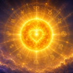 Eine leuchtende goldene Sonne steht im Zentrum eines Tierkreis-Rads mit astrologischen Symbolen und Herzmotiv.